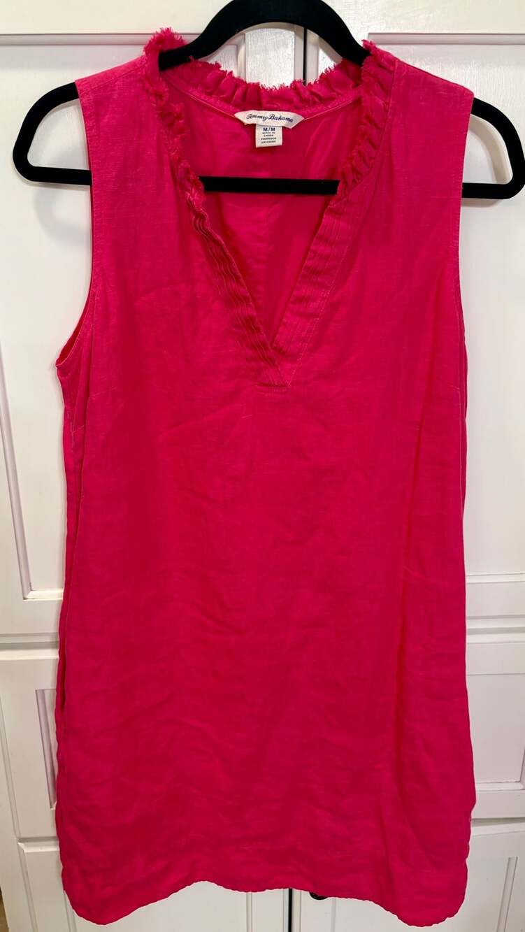 Tommy Bahama Hot Pink Sleeveless Linen Dress Ruffle Neckline Preppy Coastal M